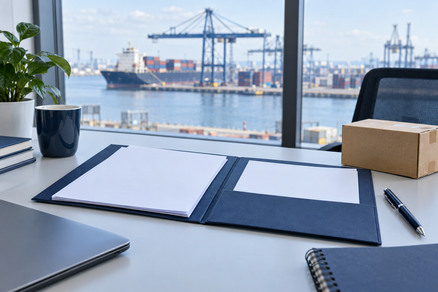 Company paperwork with a view of the port