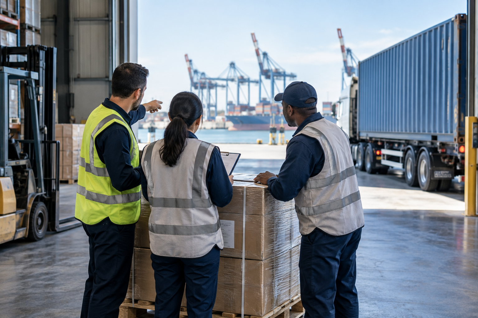Three team members coordinating cargo by the port