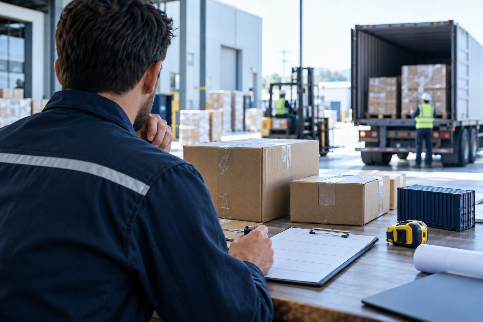 A team member reviewing cargo responsibilities beside a loading area