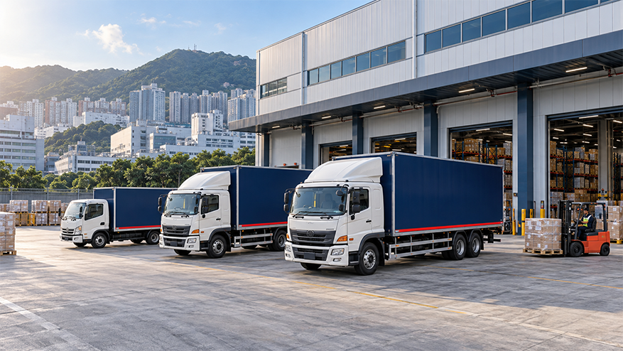 VG Shipping trucks outside a Hong Kong warehouse