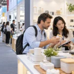 Illustrative canton fair business assistance scene for buyer and supplier coordination