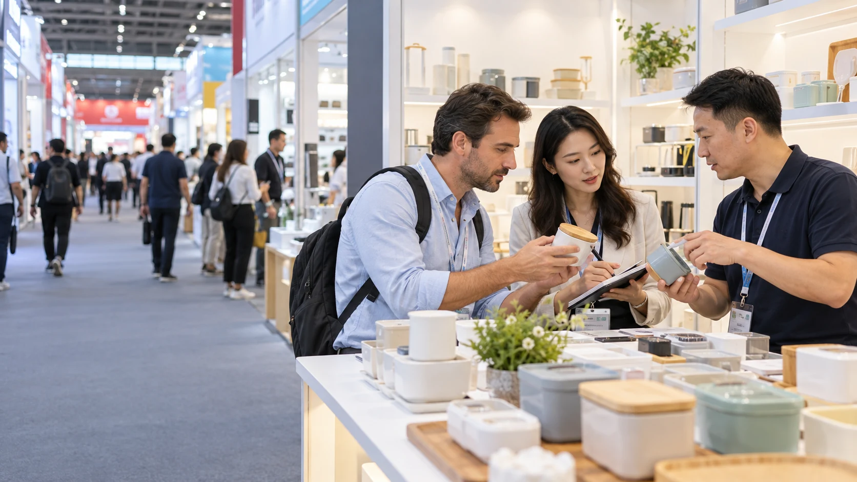 Illustrative canton fair business assistance scene for buyer and supplier coordination