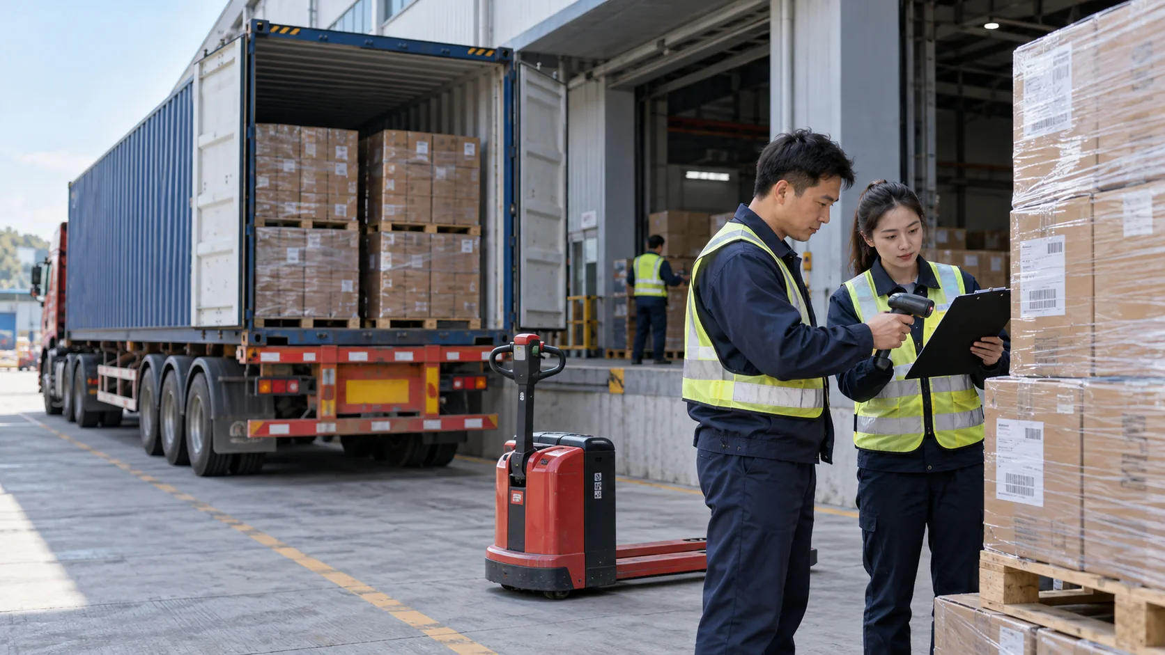 Logistics staff checking palletized cartons beside a container trailer at an export warehouse