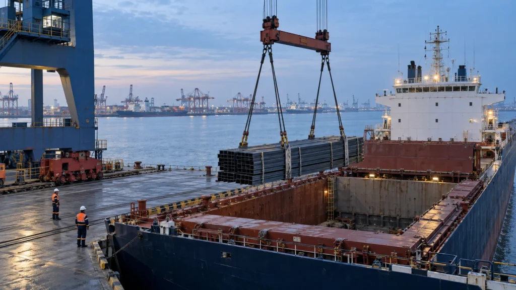 Port crane loading bundled steel into a cargo vessel at a Chinese seaport