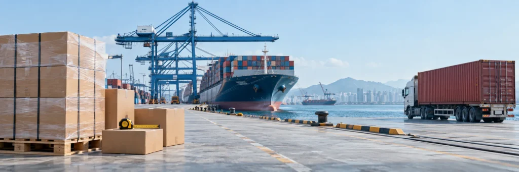 Illustrative packed cartons, a measuring tape and container transport for a freight quotation checklist.