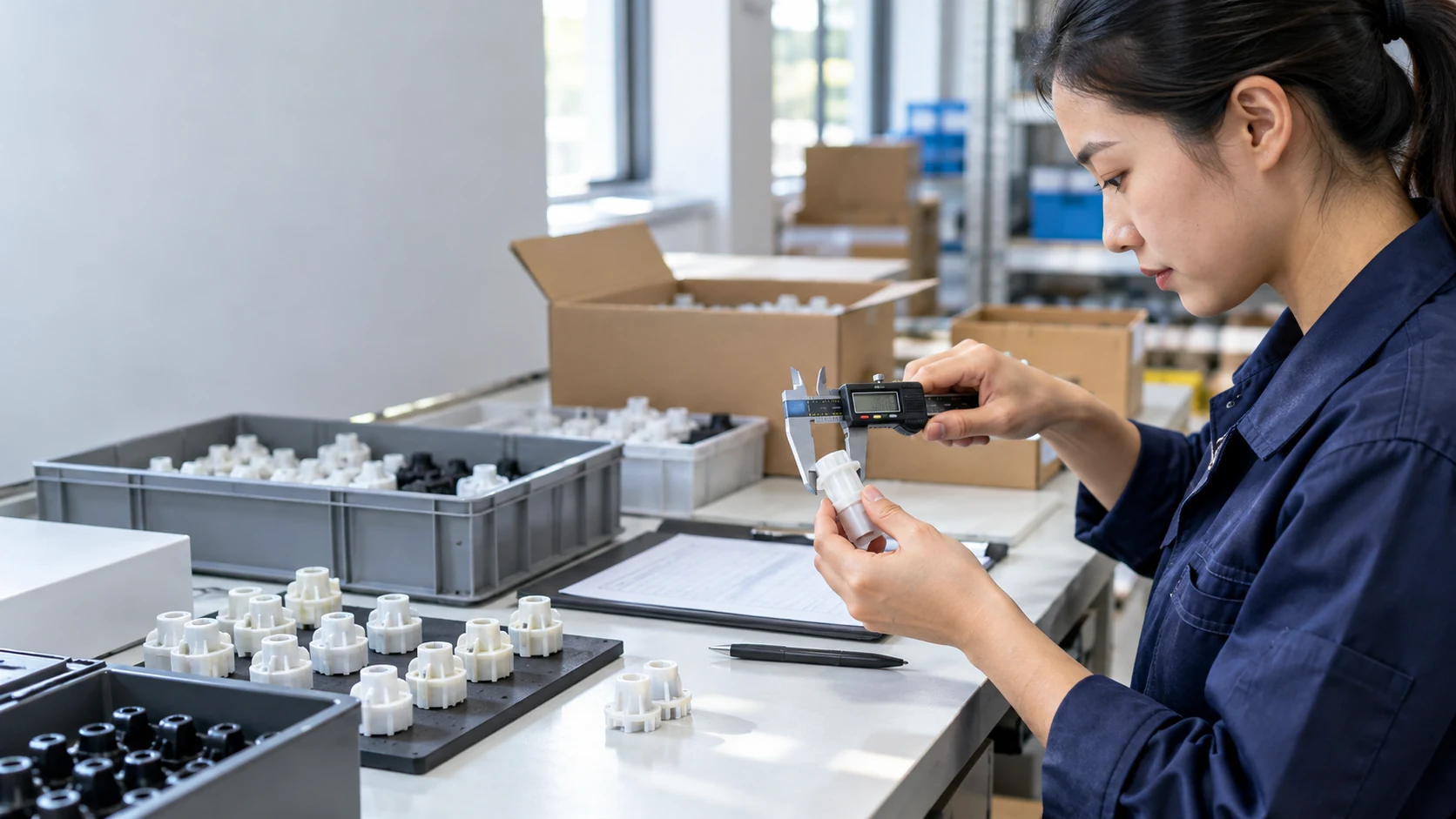 Illustrative product inspection & quality control scene for buyer and supplier coordination