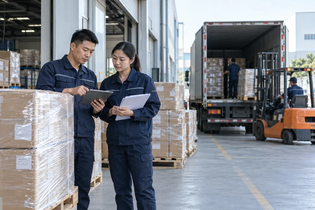 Illustrative warehouse team checking shipment records before releasing palletised cargo.